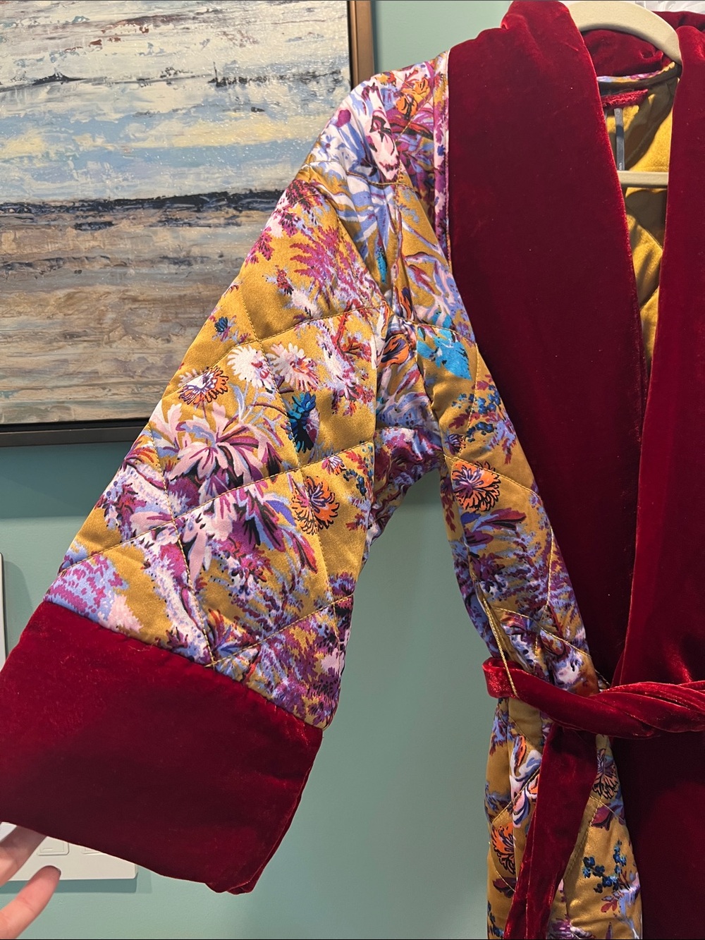 Anthropologie Quilted Floral coat Robe with Rich Red Velvet Trim - Picture 8 of 13